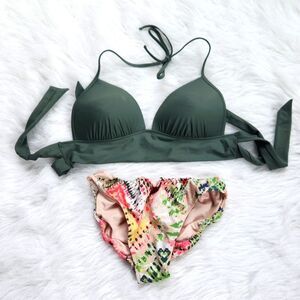 Aerie Bikini Set Olive Green Top and Printed Bottom‎ Medium